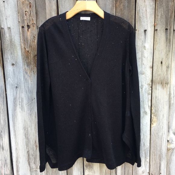 Brunello Cucinelli Linen Silk Sequin Paillette Cardigan Black XL